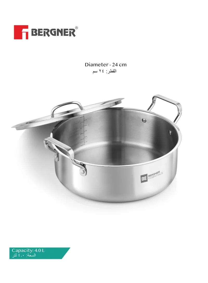 بيرجنر Bergner Essentials 24cm (4L) Tri-Ply Stainless Steel Shallow Biryani Pan, Wide Cooking Pot with Steel Lid for Rice Pulao Curries, Less Oil Healthy Cooking, Even Heating, Gas & Induction Compatible